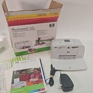 HP Photosmart 335 Printer Tested & Works w/Box, Cords, Booklet & CD